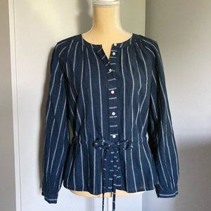 J. Crew Tie Waist Top Indigo Gauze Striped Navy 8